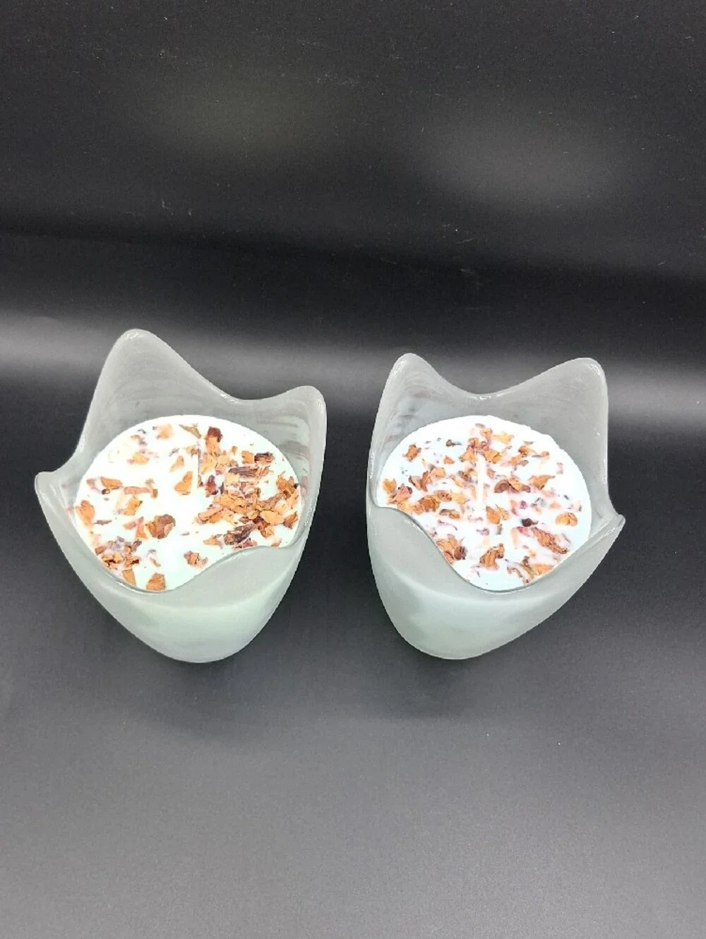 Sandlewood Home Made Soy Frosted Glass Tulip Candle Pair with Rose Petal Top